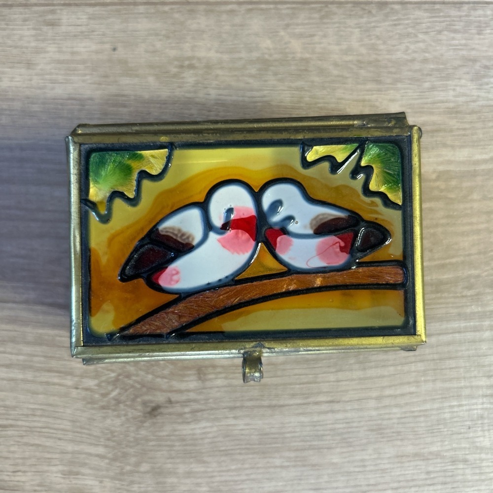 Vintage Brass Stained Glass Trinket Box Hand Painted Birds Jewelry Keepsake
